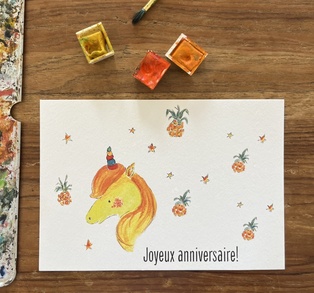 CARTE POSTALE ANNIVERSAIRE - LICORNE JAUNE