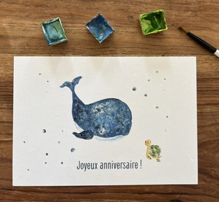 CARTE POSTALE ANNIVERSAIRE - BALEINE ET TORTUE