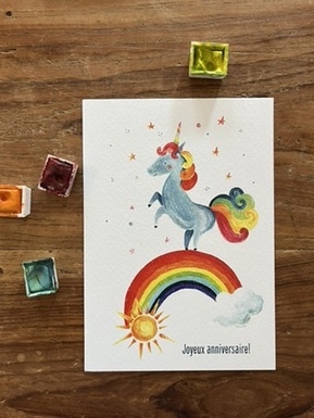CARTE POSTALE ANNIVERSAIRE - LICORNE ARC EN CIEL
