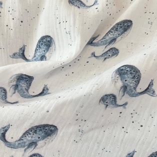 TISSU DOUBLE GAZE DE COTON - LES BALEINES BLEUES