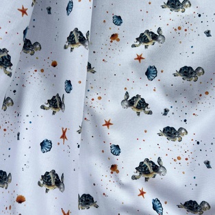 TISSU COTON OEKO TEX - LES TORTUES ET LES COQUILLAGES