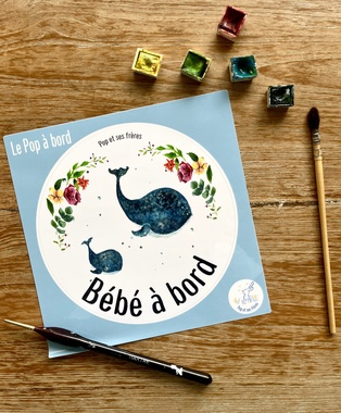 STICKER BÉBÉ À BORD - LA BALEINE ET SON BALEINEAU FLEURS FRANÇAIS