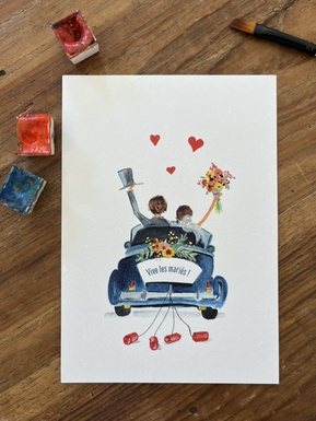 CARTE POSTALE VIVE LES MARIÉS EN VOITURE BLEUE