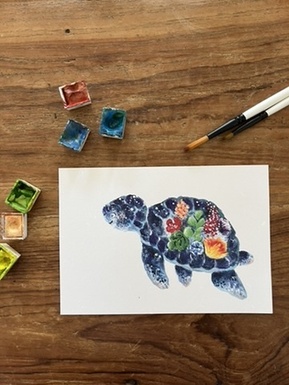 CARTE POSTALE LA TORTUE ET LES FLEURS