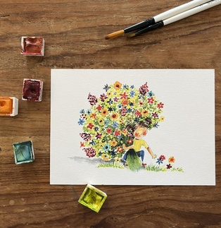 CARTE POSTALE PETITE FILLE AUX FLEURS