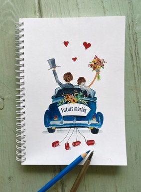 CARNET DE NOTES LES FUTURS MARIES EN VOITURE BLEUE